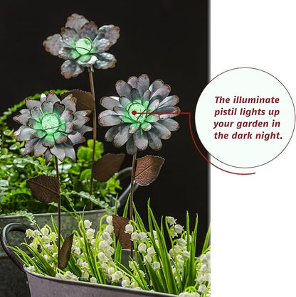 CEDAR HOME Galvanized Floral Garden Stake Outdoor Glow in Dark Plant Pick Water Proof Metal Stick Art Ornament Decor for Lawn Yard Patio, 4"W x 1.5"D x 13.8"H, 3 Set