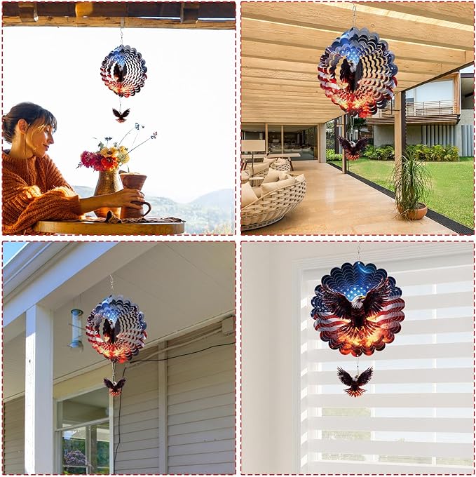 Rngmsi American Flag Eagle Hanging Wind Spinner Outdoor, 12 Inches 3D Stainless Steel Yard Decorations, 250th Anniversary Home Yard Art Gifts for Women