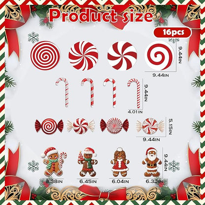 16ct Christmas Decorations Set Outdoor and Indoor Holiday Decor with Festive Candy Canes Gingerbread Ornaments 60 Meter Fishing Line and 28 Glass Fiber Stakes for Tree Yard