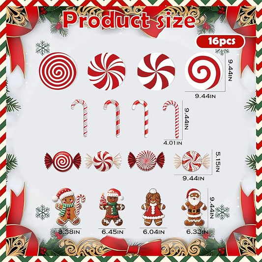 16ct Christmas Decorations Set Outdoor and Indoor Holiday Decor with Festive Candy Canes Gingerbread Ornaments 60 Meter Fishing Line and 28 Glass Fiber Stakes for Tree Yard