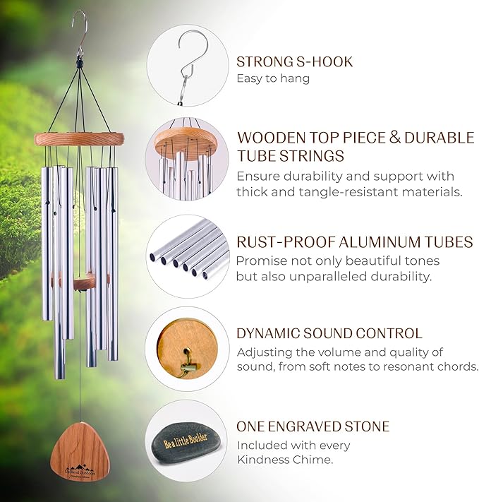 UpBlend Wind Chimes for Outside Gift – Deep Tone Wind Chime with Decorative Stone – Garden and Patio Décor for Porch or Yard, Elegant Outdoor Ornament, Meaningful Gift for Neighbors. 29” Silver.