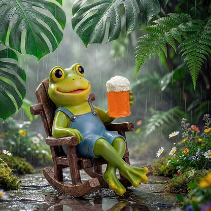 Flytime Frog Garden Decor, Outdoor Garden Statue,Frog on Rocking Chair,Suitable for Indoor and Outdoor Patios, Gardens, Flowers, and Lawns, A Whimsical Decoration(Beer)