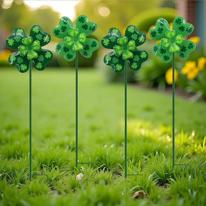 4pcs Clover Yard Wind Spinners Outdoor Decoration Stakes Lawn Ornaments, Lawn Decorations Garden Stakes, Metal Outside Decorations for Metal Yard Art Flower Garden Decor, Spring Mom Gifts
