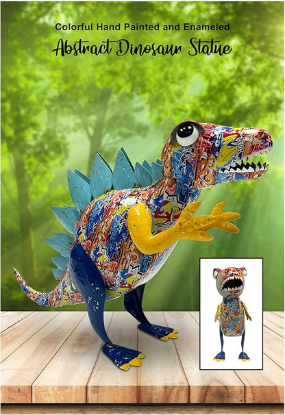 Colorful Metal Stegosaurus Dinosaur Garden Statue - Abstract Graffiti Pattern, Patio and Lawn Sculpture Ornament Yard Art, Indoor Home Decoration, Outdoor Fun