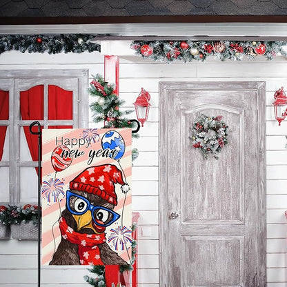 Happy New Year Chicken Garden Flag Funny Rooster with Glasses Balloons & Fireworks Yard Flags Holiday Cute Cock House Banners Decoration for Outdoor Lawn or Porch 12x18 Inch