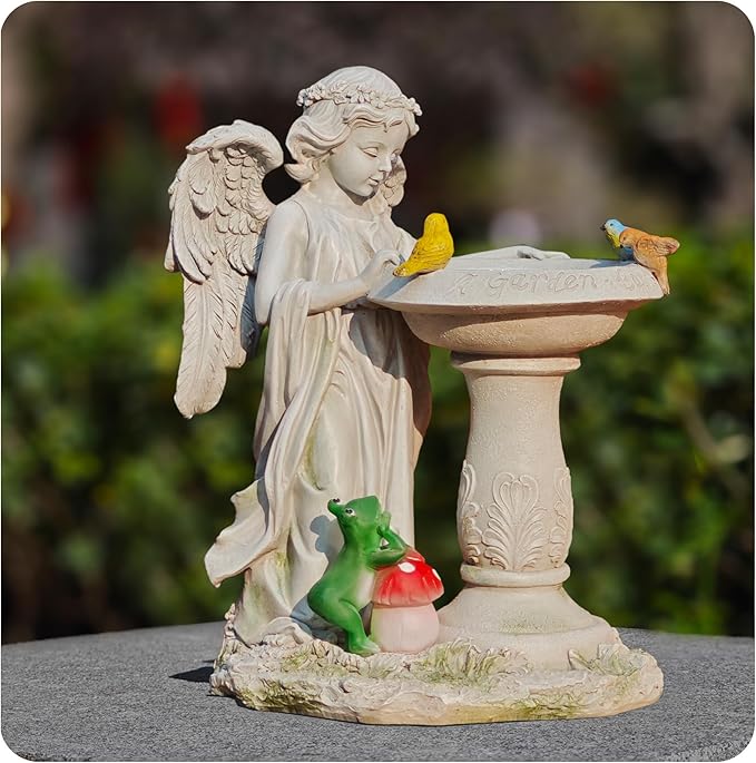 Solar Angel Garden Sculpture with Color - Changing Lights,Resin Garden Outdoor Decorations Figurine with Birds,Frog & Mushroom for Home,Yard,Patio,Balcony,Lawn - Unique Housewarming Gifts