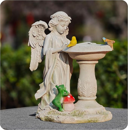 Solar Angel Garden Sculpture with Color - Changing Lights,Resin Garden Outdoor Decorations Figurine with Birds,Frog & Mushroom for Home,Yard,Patio,Balcony,Lawn - Unique Housewarming Gifts