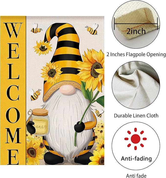 Welcome Spring Summer Garden Flag Sunflower Gnome Floral Bee Flag, 12 x 18 Inch Vertical Double Sided Burlap Banner for Outdoor Seasonal Decoration