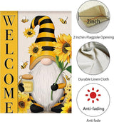 Welcome Spring Summer Garden Flag Sunflower Gnome Floral Bee Flag, 12 x 18 Inch Vertical Double Sided Burlap Banner for Outdoor Seasonal Decoration