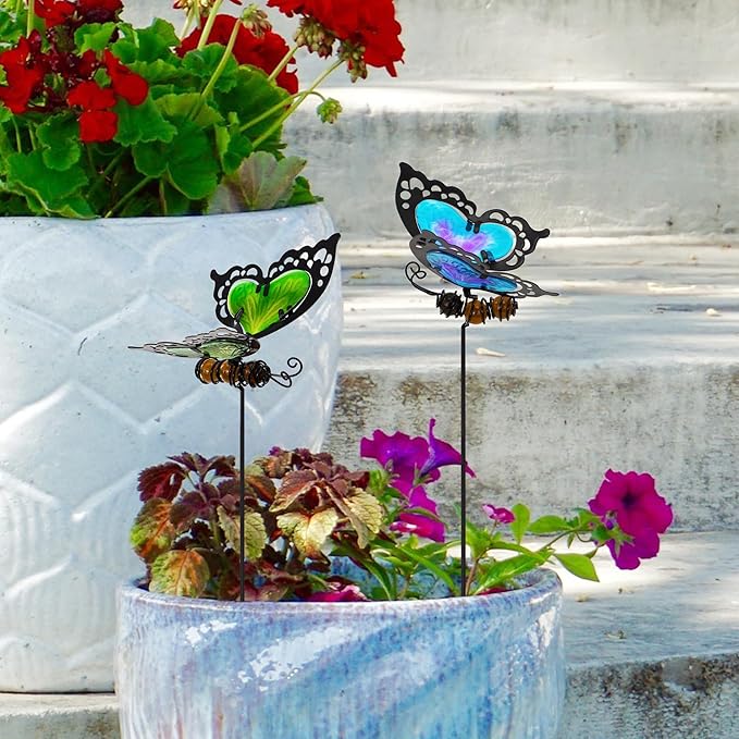 Butterfly Garden Stakes,Butterfly Kit Made of Glass and Metal,Colorful Butterflies Garden Decorations Can Make the Garden Full of Color and Vitality. (Blue and Green)