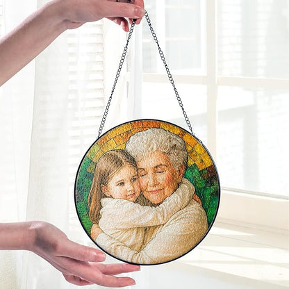Personalized Stained Glass Window Hanging Ornament, Custom Grandma and Grandkids Photo Decoration, Unique for Mother’s Day, Birthday or Christmas, Keepsake Home Window Art for Grandma