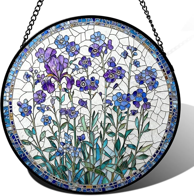 Stained Glass Window Hanging, Spring Forget Me Not Lavener Flower Suncatcher for Window Doors Garden Home Decoration, Purple Floral Botanical Glass Ornaments for Women,Wife, Lovers, and Mom 7.8×7.8 in