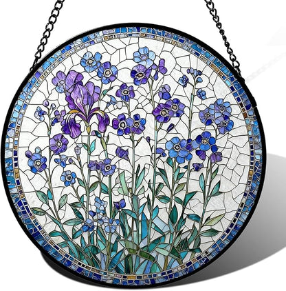 Stained Glass Window Hanging, Spring Forget Me Not Lavener Flower Suncatcher for Window Doors Garden Home Decoration, Purple Floral Botanical Glass Ornaments for Women,Wife, Lovers, and Mom 7.8×7.8 in