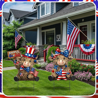 Amyhill 2 Pcs 4th of July Metal Outdoor Decor Garden Stakes Patriotic Highland Cow Welcome Yard Signs Decorations Red White Blue Garden Stakes for Independence Memorial Day Patio Lawn Walkway Outside
