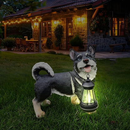 Outdoor Husky Dog Statue with Interchangeable Welcome sign and Detachable Solar Lantern –LED Light Garden Dog Sculpture Décor Garden Statue Outdoor dog statueCute Puppy Design for Yard Porch Gift