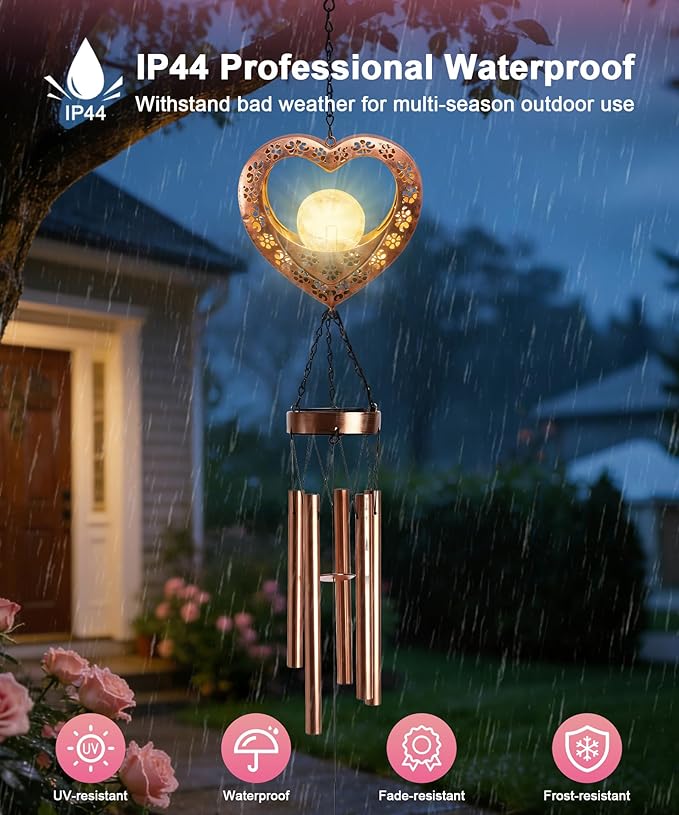 Nacome Solar Heart Wind Chimes for Outside: Weatherproof Metal Outdoor Decor Easy Hanging for Garden Patio Tree Window - Melodious Mother's Day Birthday Gifts for Mom Women Mom Grandma Her Wife
