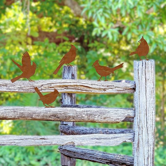 Bnesi 5PCS Metal Cardinal Garden Decor Set Yard Art Bird Decor for Garden Decor Outdoor Ornaments as Fence Decorations Outdoor Ideal for Spring Yard Decor and Farmhouse Statues (Cardinal Bird)