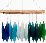 Blue Handworks Gradient Ocean Waterfall & Driftwood Glass Leaves Chime - Sandblasted Glass and Found Wood Handcrafted Wind Chime