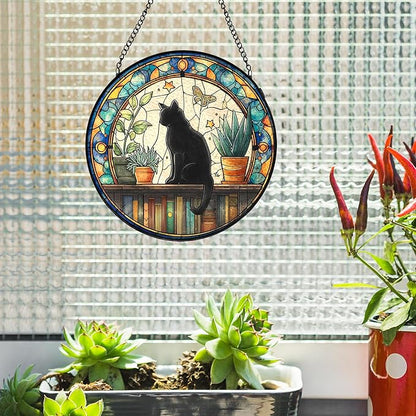 Black Cat Stained Glass Window Hanging, Book Lovers Suncatchers Sun Catchers Indoor Window Glass Wall Art, Book Reader Gifts, Black Cat Round Wall Hanging Decor, 7.9x7.9in,