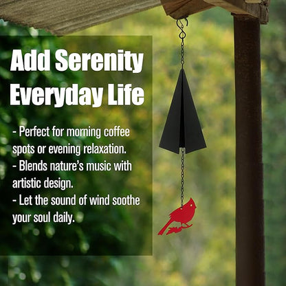 Coastal Country Style Wind Bells Inspired by North Design – Cardinal Bird Geometric Metal Bell Chime with Buoy Catcher for Outdoor Yard Home Decor, Red and Black Windchime for Outside Boothbay Theme
