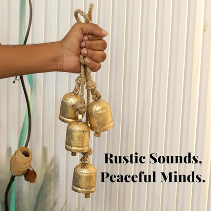 4 Small Rustic Vintage Cow Bells on Rope – Lucky Cow Bells Cluster, Handmade Metal Wall Hanging Décor for Home, Garden, Patio – Boho Farmhouse Bells on Rope Décor (Set of 4) (3 inch)