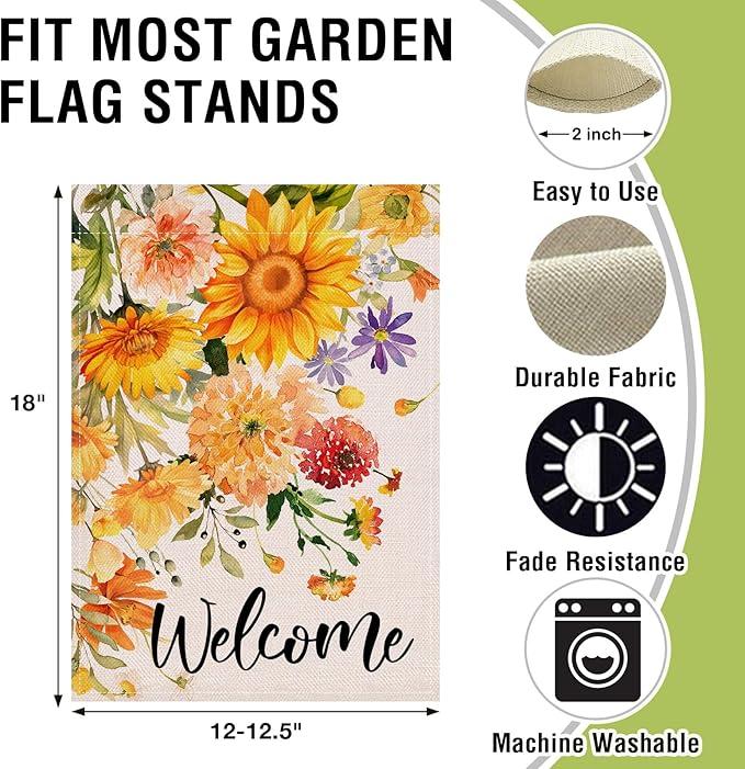 Artofy Welcome Spring Summer Flower Small Decorative Garden Flag, Watercolor Sunflower Daisy Floral Yard Lawn Outside Decor, Seasonal Burlap Outdoor Home Decoration Double Sided 12 x 18