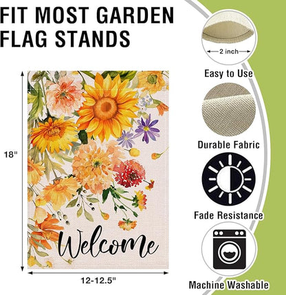 Artofy Welcome Spring Summer Flower Small Decorative Garden Flag, Watercolor Sunflower Daisy Floral Yard Lawn Outside Decor, Seasonal Burlap Outdoor Home Decoration Double Sided 12 x 18