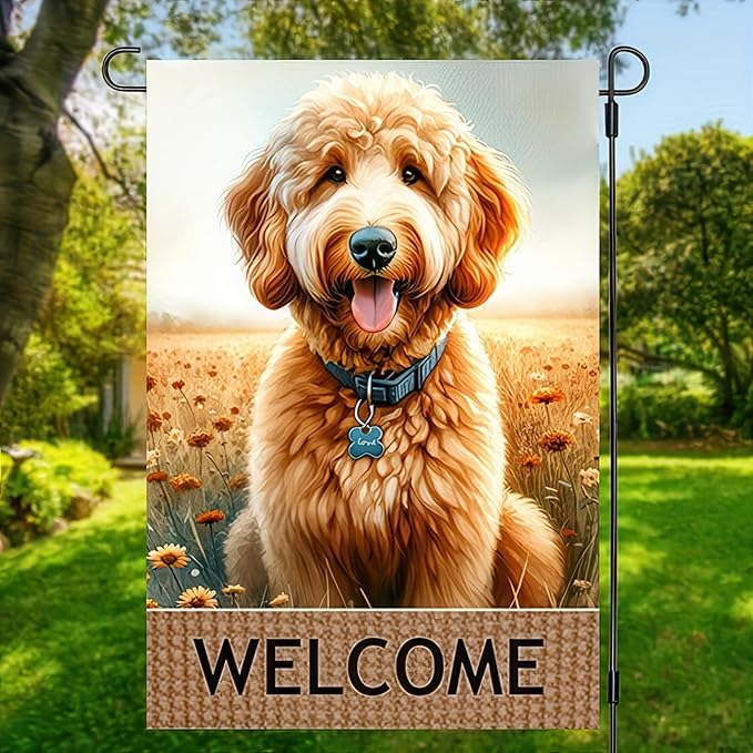 BlissYard Dog Welcome Garden Flag 12x18 Inch – Double-Sided Outdoor Yard Flag, Spring Summer Garden Decor for Lawn Porch Patio Backyard, Goldendoodle Dog Lovers Gift