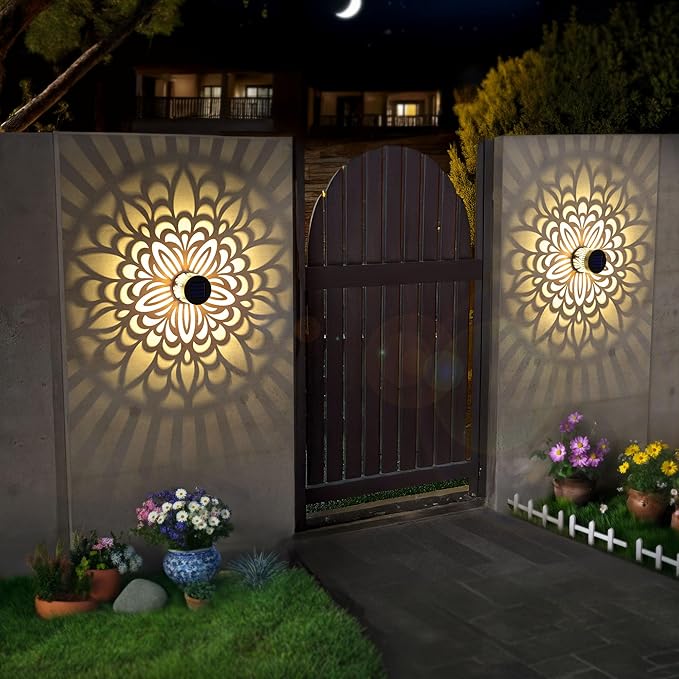 2 Pack Solar Fence Lights Metal Solar Powered Outdoor Wall Deck Step Lights Mandala Theme Waterproof Fence Light for Garden Post Patio Backyard Yard Decor, Gardening Gifts for Women Mom Grandma