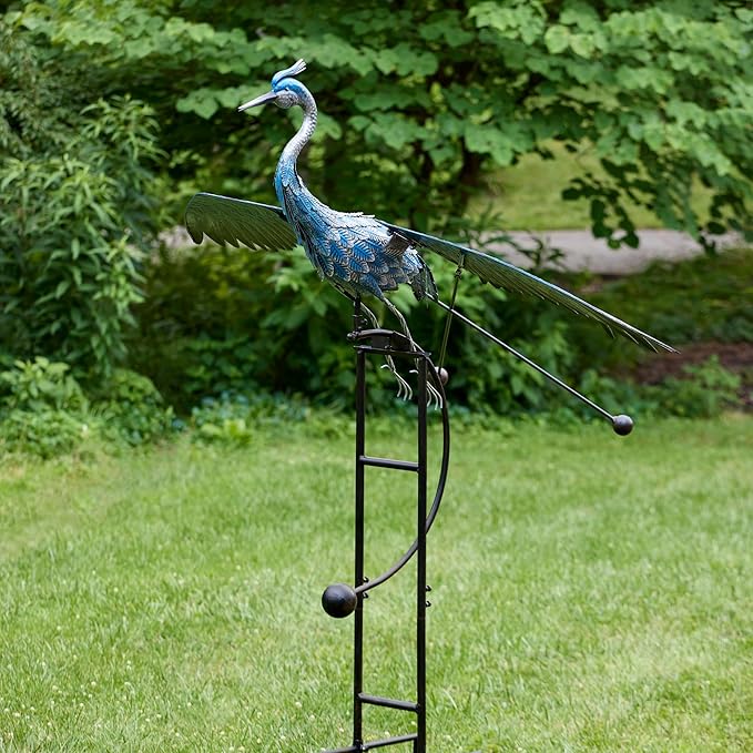 Red Carpet Studios Garden Art Balance Rocker Metal Garden Stake Yard Décor, Jumbo 88” Tall, Blue Heron Feather Weathered Finish