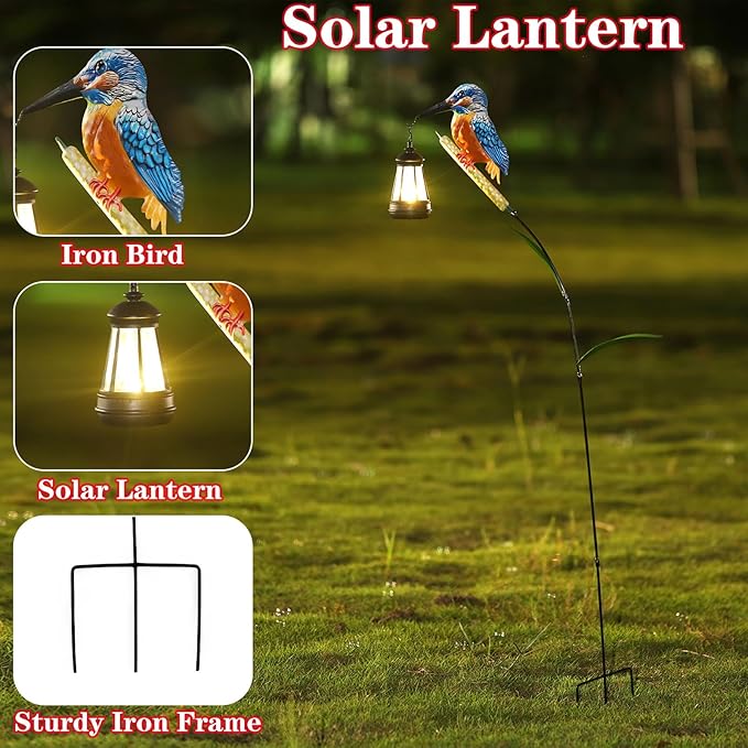Solar Kingfisher Statue for Outdoor Garden Decor, 6.1 Inch Outside Metal Bird Craft Ornaments with Solar Lantern for Garden, Patio, Yard, Lawn -Birthday Gifts for Women Mom Grandma