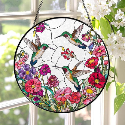 Stained Glass Window Hanging Sun Catcher 7.8 in, Colorful Hummingbird Flowers Glass Panel Suncatcher for Indoor Window Decor, Home Garden Gift for Women, Men, Wife, and Mom