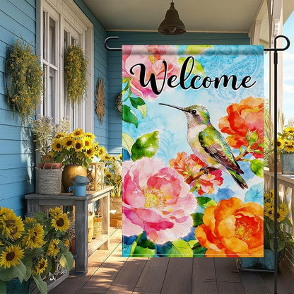 IVN Welcome Hummingbird Garden Flag 12x18 Inch – Colorful Floral Peony Spring Summer Outdoor Flag, Double Sided Burlap Farmhouse Yard Flag for Porch Lawn Patio Decor