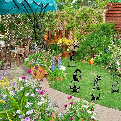 Headerbs Garden Silhouette Gnomes, Handmade Black Premium Iron Garden Metal Statues Standing Silhouette Decorations for Yard Metal Yard Art (A)