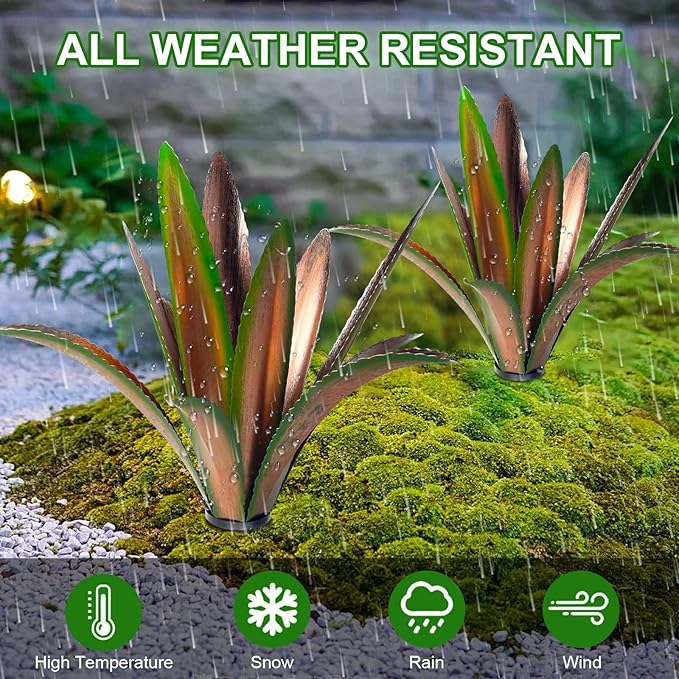 TOMBABY Enlarge thickened Wind Resistant Metal Agave Garden Art Plant Country Sculpture Statue Outdoor decoration Courtyard Lawn Ornament Gift (12 Leaves Green 1 pcs) (TB-410-415)