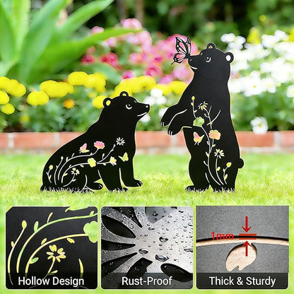 Bear Garden Decor for Outside, Metal Bear Decorative Garden Stakes Set of 2, Rust-Proof Black Silhouette Yard Art for Lawn,Patio,Backyard Outdoor Decorations, Gifts for Animal Lovers ﻿