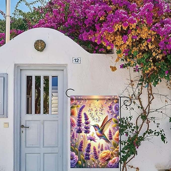 Hummingbird Garden Flag 12x18 Inch Double-Sided Floral Yard Banner Outdoor Spring Summer Decoration Colorful Lavender Flowers Butterflies Yard Outdoor Flag
