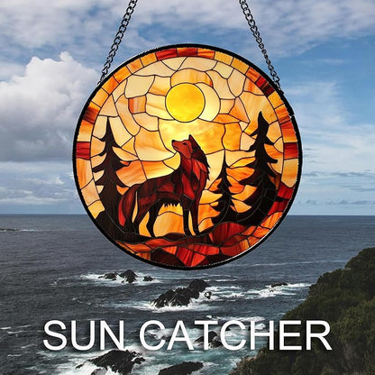 CHATYOUNG Stained Glass Window Hanging Orange Night Moon Wolf Trees 6.3" - Suncatcher Door Garden Sunroom Sun Catcher Home Decor Birthday Christmas for Mom Men Woman Nana Friend
