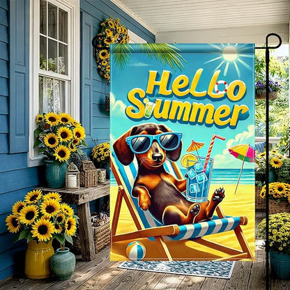 HOMETITUTE Hello Summer Garden Flag Dachshund Dog Flag 12x18 Inch Double Sided Summer Dachshund Garden Flag Sea Beach Seasonal Yard Flag for Outside Decoration Small Seasonal Decor for Farmhouse Holiday