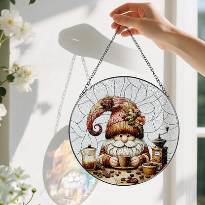 Stained Glass Window Hanging, Pauyadu Charming Gnome Sun Catchers, Stained Glass Suncatcher, Gnome Decor Gifts for Women, Mom, Grandma, Wife - 8 Inch