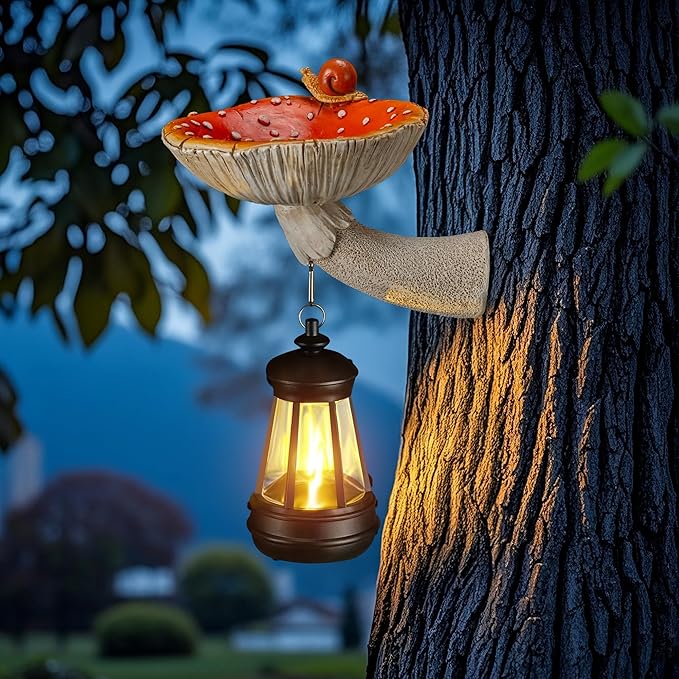 Etlemonde Solar Mushroom Garden Statue, Cute Hand-Painted Resin Decoration with Snail & Lantern, Waterproof Outdoor Ornament, Perfect Fairy Garden Decor & Unique Gift(Red)