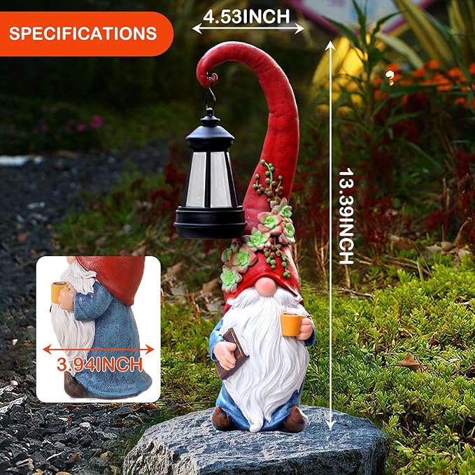 Coffee Gnome Garden Decor Statue Solar-Powered Gnome Ornament Lantern-Lit Courtyard Decoration Birthday Gift for Mom on the Patio