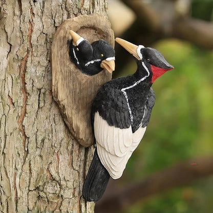 Mom and Baby Woodpecker Garden Statue Outdoor Tree Hugger Decor, Resin Hanging Bird Figurines Tree Peeker Yard Art Sculpture for Patio Lawn Porch Wall Ornaments