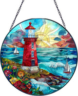 Suncatcher Stained Glass Window Hanging - Lighthouse Glass Panel with Metal Chain and Hooks Handmade Sun Catcher Decoration for Window Garden Home Christmas & Birthday Gifts (7.8 Inch)