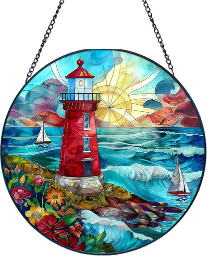 Suncatcher Stained Glass Window Hanging - Lighthouse Glass Panel with Metal Chain and Hooks Handmade Sun Catcher Decoration for Window Garden Home Christmas & Birthday Gifts (7.8 Inch)
