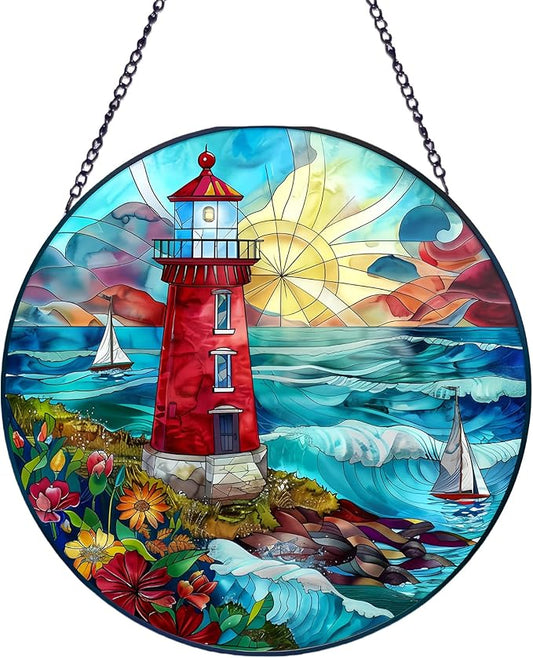 Suncatcher Stained Glass Window Hanging - Lighthouse Glass Panel with Metal Chain and Hooks Handmade Sun Catcher Decoration for Window Garden Home Christmas & Birthday Gifts (7.8 Inch)