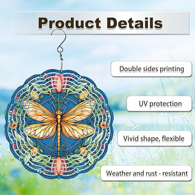 Dragonfly Floral Wind Spinners Outdoor, Hanging Wind Spinner for Garden Decoration, 8 inch 3D Stainless Steel Metal Wind Sculpture for Indoor/Outdoor Decor