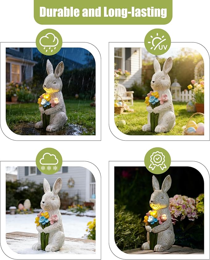Rabbitcat Solar Garden Outdoor Bunny Statues: Outside Rabbit Decor with Succulent Lights for Balcony Lawn Art Porch Yard - Birthday Gifts for Mom Grandma Women
