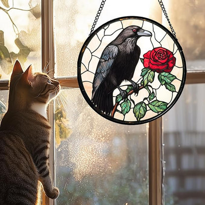 Stained Glass Window Hanging - Black Crow Red Rose Suncatcher for Doors Garden Patio Bird Sun Catchers Decor Christmas Mother's Day Birthday Gifts for Women Men Mom Nana Friend 9.8 in