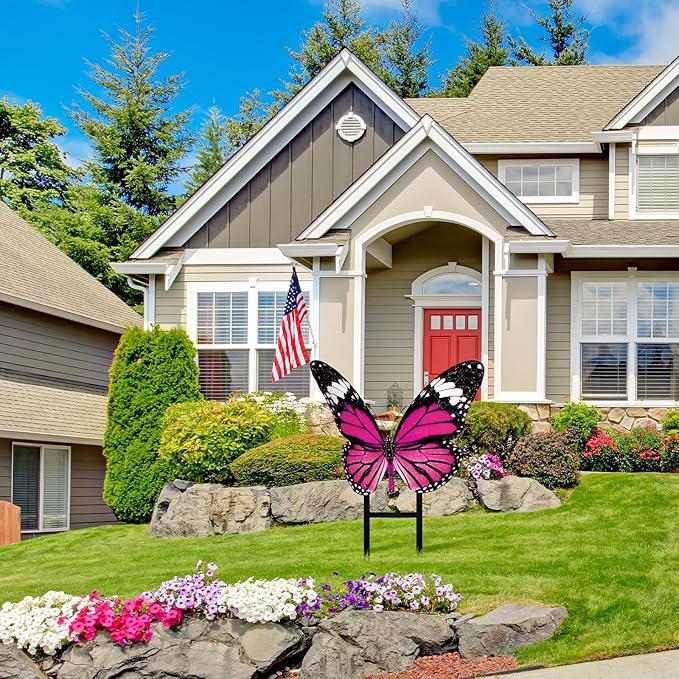 1 Pcs Spring Metal Butterfly Garden Stakes Decor 16.5 Inch Decorative Pink Purple Butterfly Yard Stake Outdoor Insect Decor Metal Garden Art Ornaments for Patio Porch Lawn Backyard